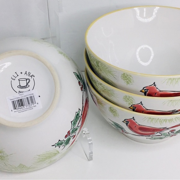 Set of 4 Eli + Ana Red Cardinal Bird Traditional Christmas Cereal Bowls Ceramic - Picture 3 of 6